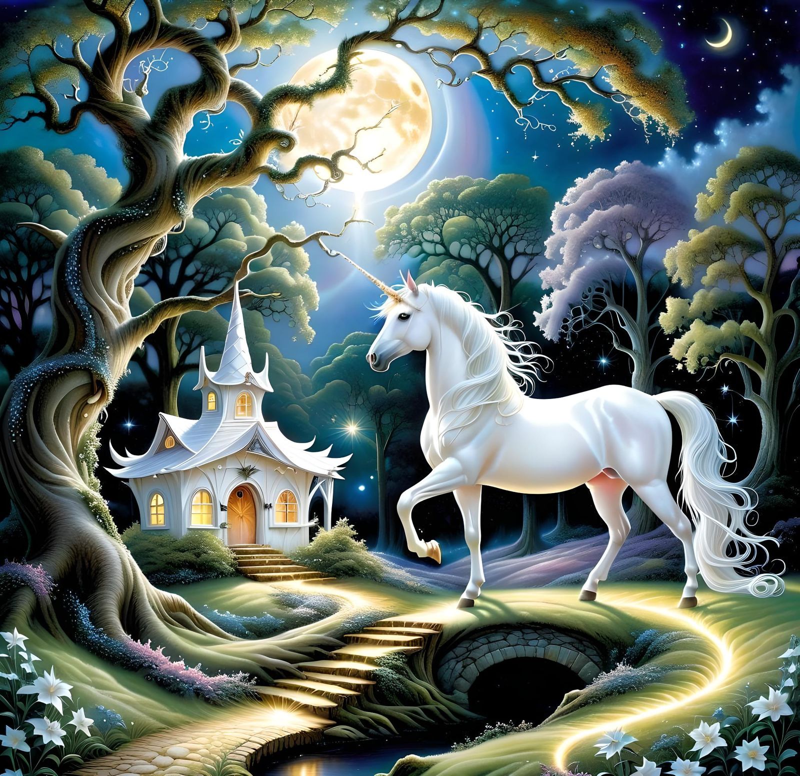 Unicorn in Moonlit Fairy Forest Art