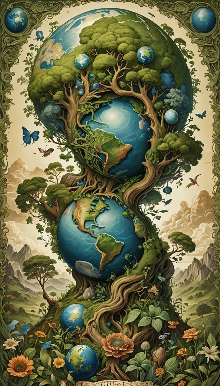 old style artistic depiction of Earth Day with an Earthy Mother Earth. surrealism. high definition. ornate. highly detai...