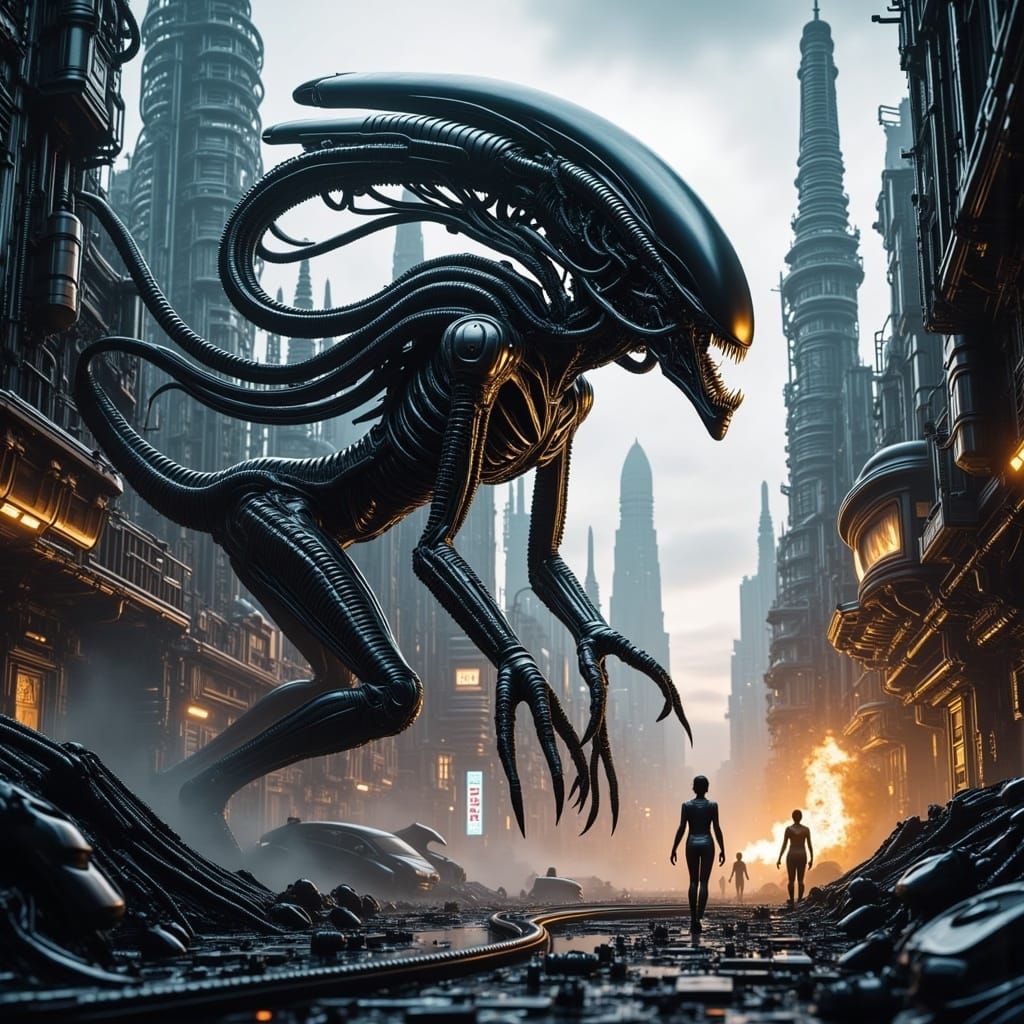 Dark Dystopian Biopunk Xenomorph Chases Human Astronaut Surv...