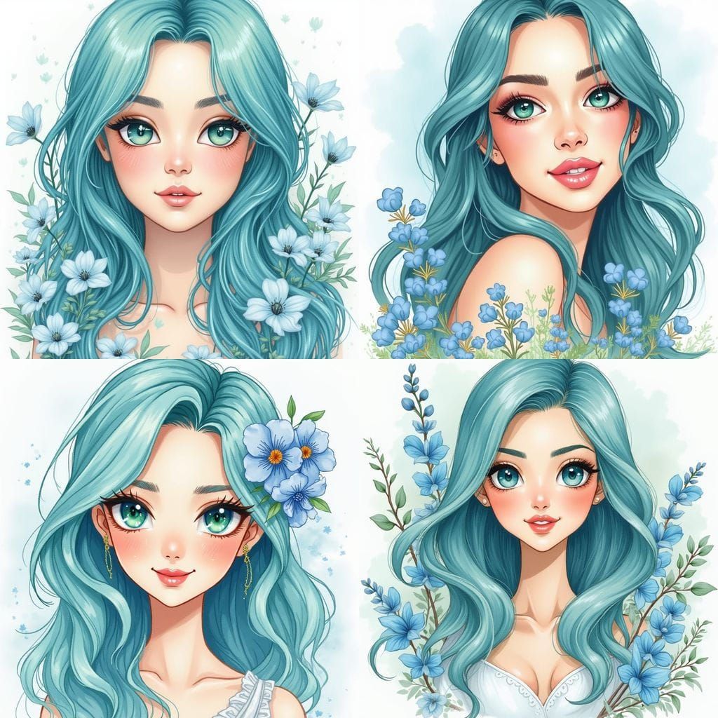 Pretty Woman with Turquoise Eyes and Teal Hair in Watercolor...