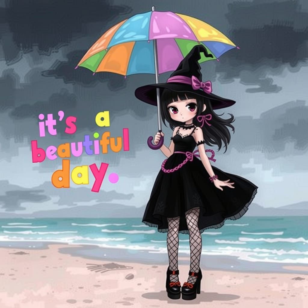 Emo Witch on Gloomy Beach in Kawaii Manga Style