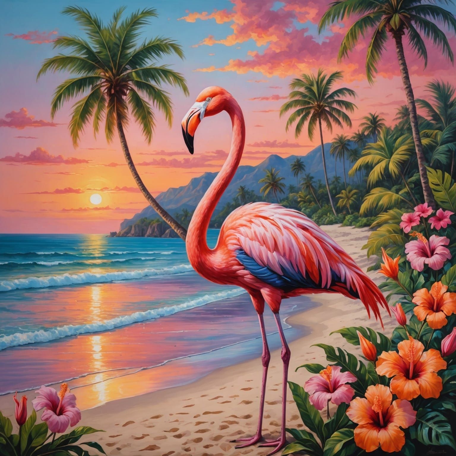 Elegant Pink Flamingo at Sunset Beach