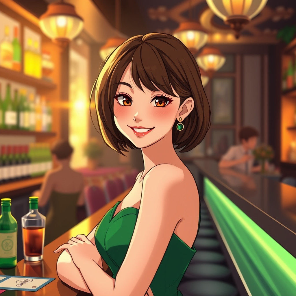 Anime Woman in Green Dress at Wedding Bar