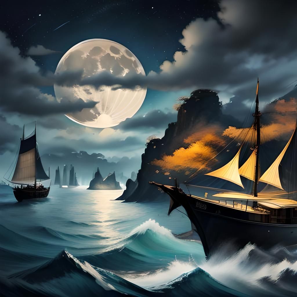 Sailboat and Hyperreal Moon, Detailed Matte Painting