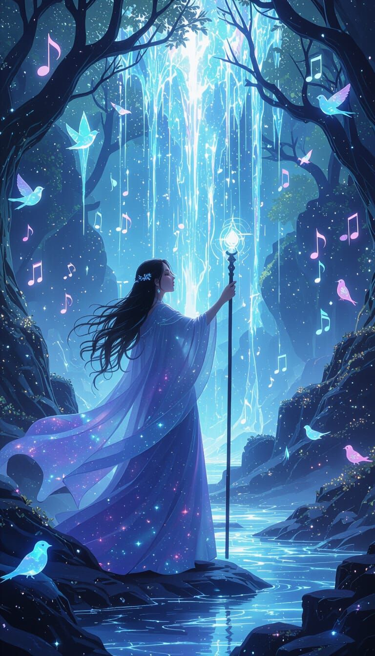 Nebula Conductor in Bioluminescent Forest, Fantasy Art