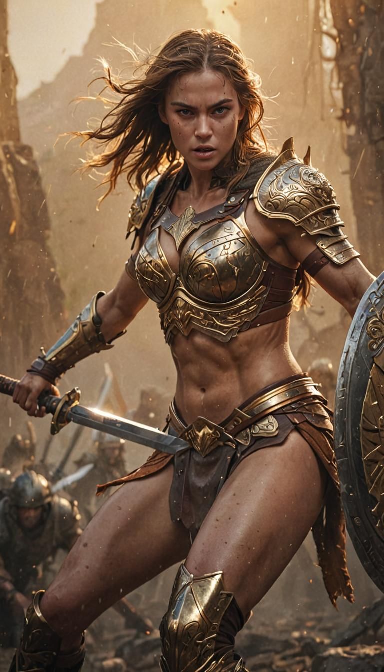 Muscular Warrior Woman Charging into Battle