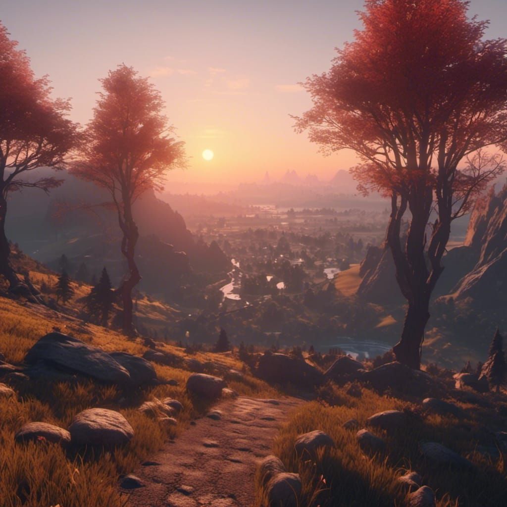 Sunrise Over Countryside in Trending 3D Style