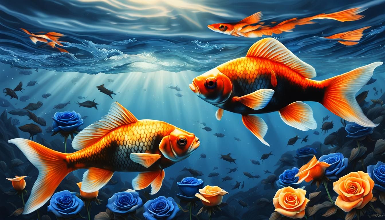 Black Goldfish Kissing Blue Roses in Deep Ocean