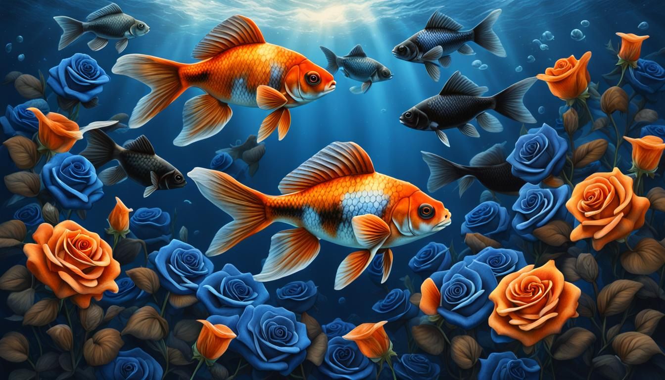 Black Goldfish Kissing Blue Roses in Deep Ocean