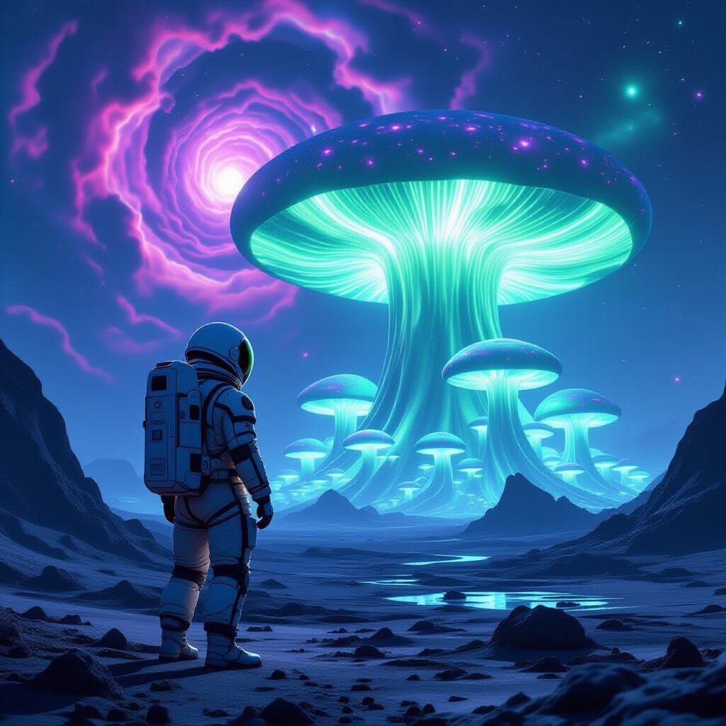 Astronaut on Alien Planet Gazing at Bioluminescent Forest