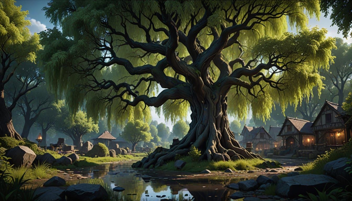 Majestic Willow Tree Dark Fantasy Concept Art