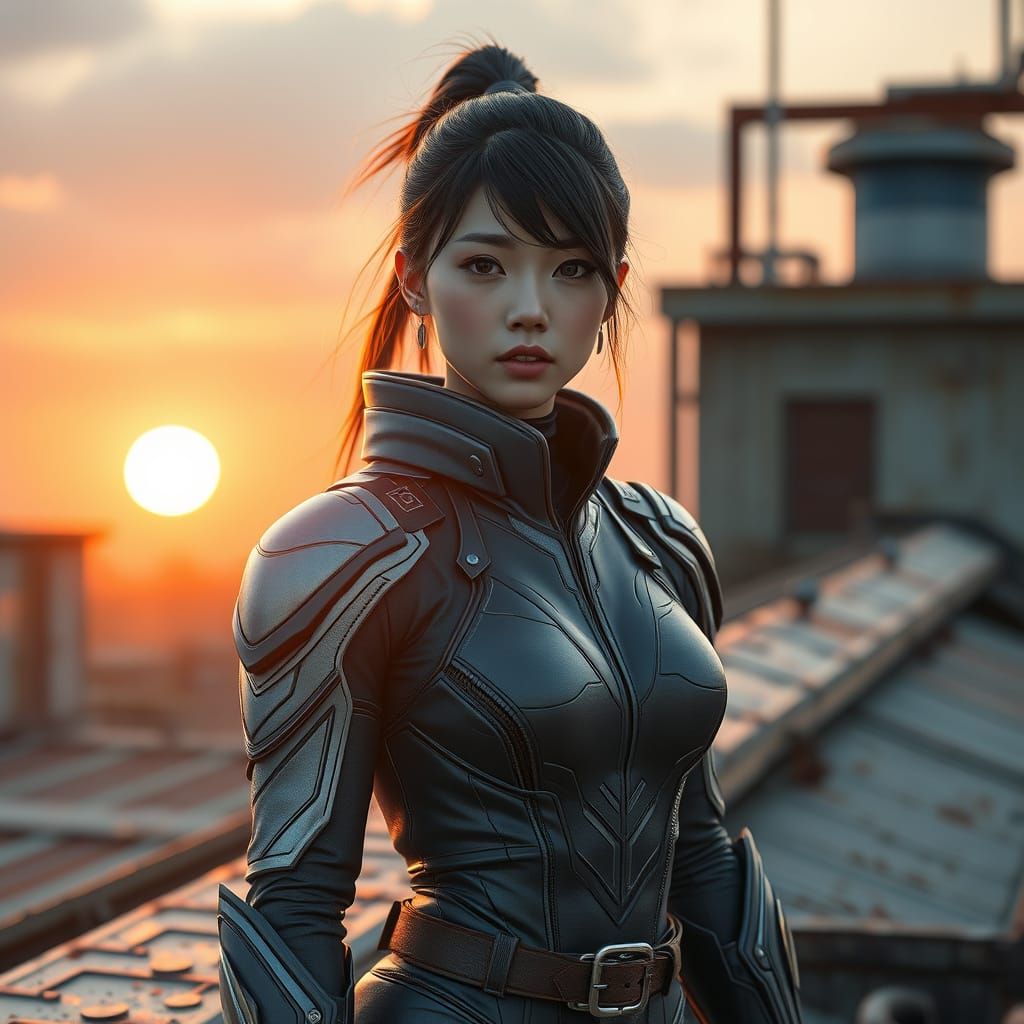 Korean Superhero in High-Tech Ninja Suit at Sunset