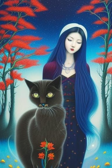 Magical Girl with Animals in Coloring Book Style