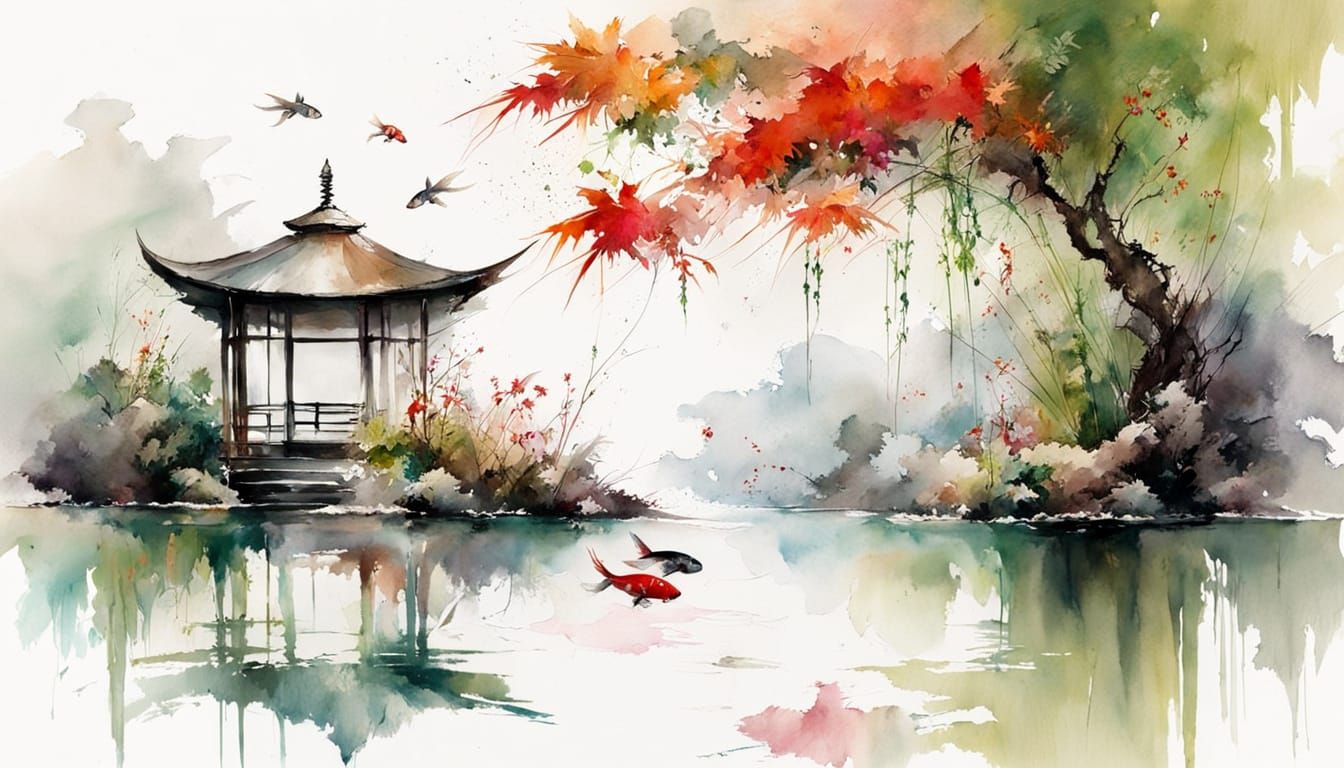 Zen Garden with Koi Fish in Watercolor Style