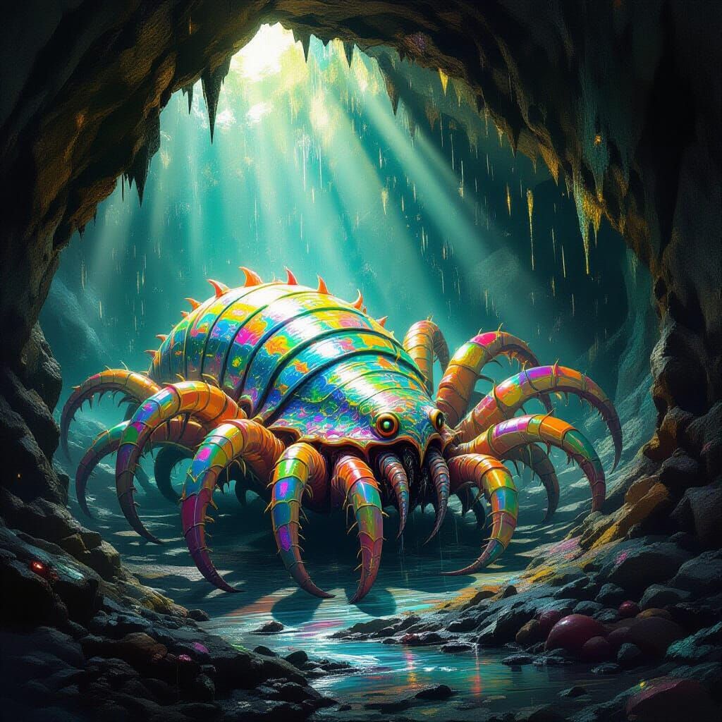 Bioluminescent Kraken-Centipede in Mystical Cave
