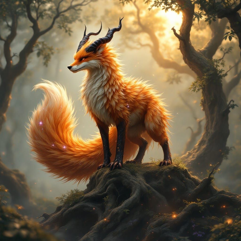 Mystical Fox Dragon in Primeval Forest, Fiery Orange and Iri...