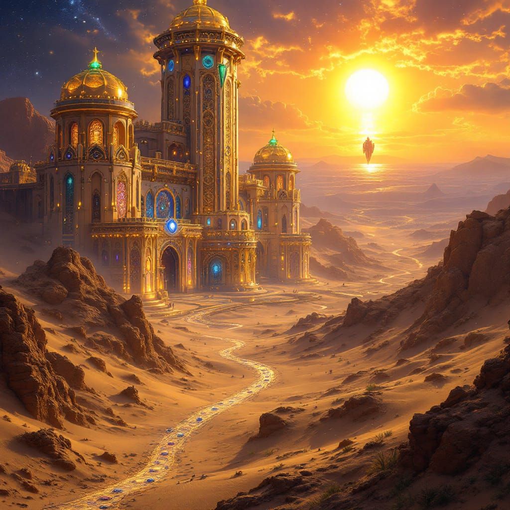 Majestic Desert Fortress of Jewels Under Cosmic Sky
