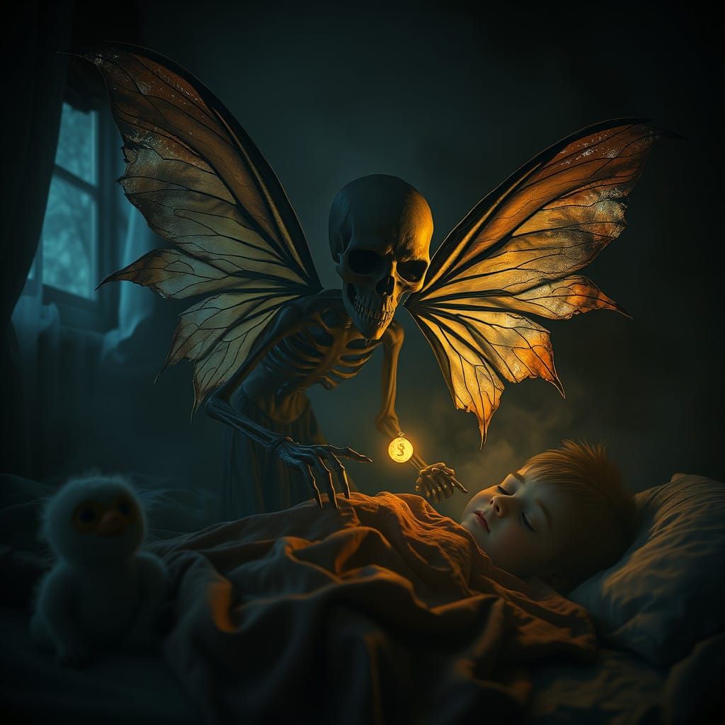 Macabre Tooth Fairy in Eerie Nursery Scene