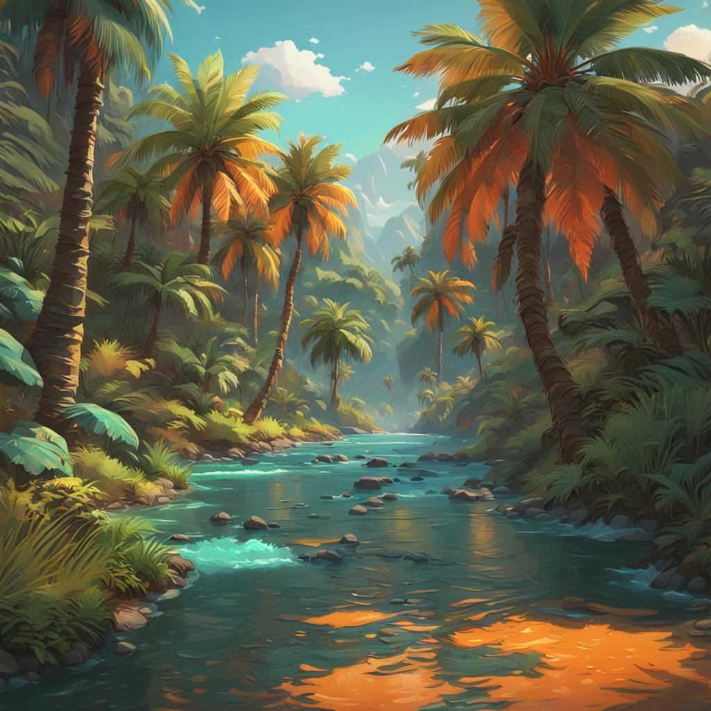 Lush Jungle River Scene in Japanese Art Style