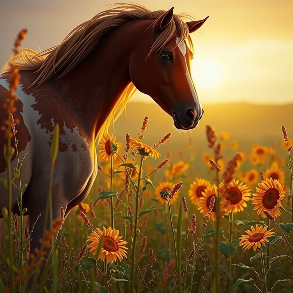 Elegant Pinto Horse Amidst Vibrant Wildflowers