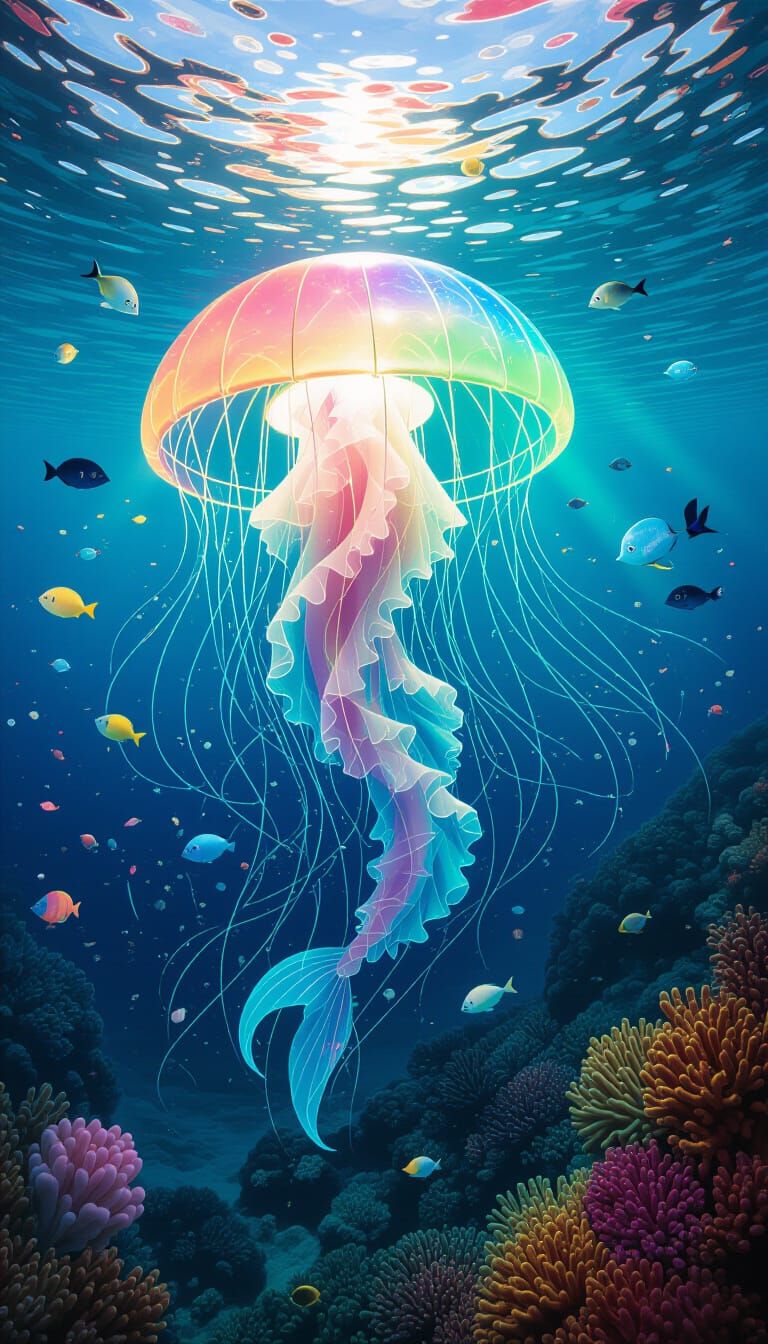 Fluorescent Jellyfish Can-Can in Surreal Underwater Scene