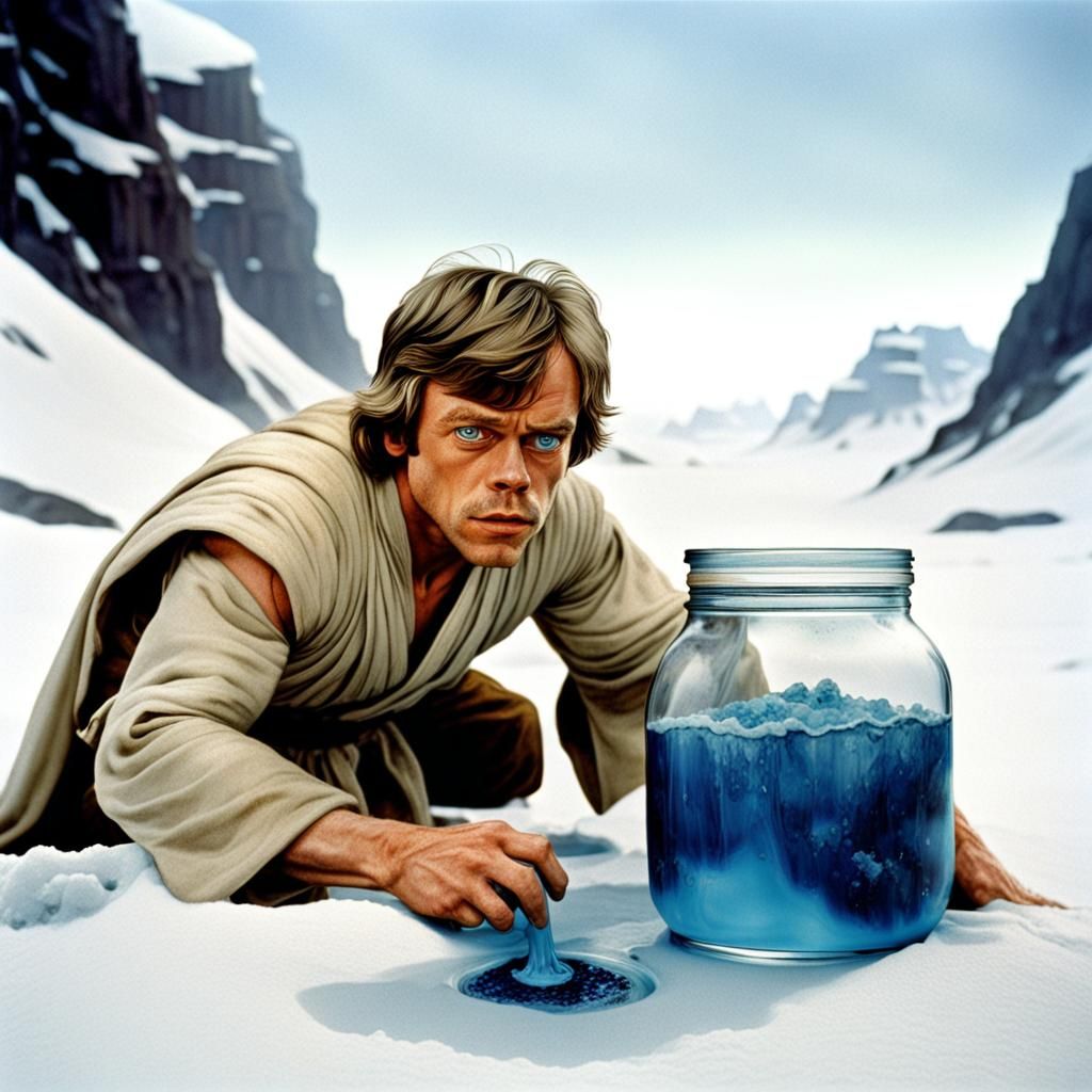 Luke Skywalker picking up a dropped jar of Bacta in Star War...