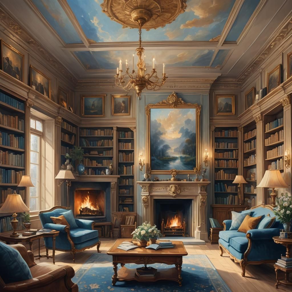 Serene Library Interior with Fireplace in Oil Painting Style