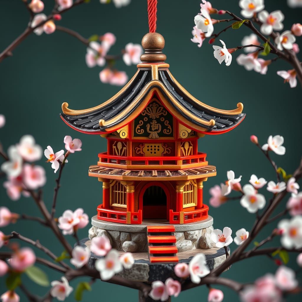 Whimsical Birdhouse: Korean Pagoda in Cherry Blossoms