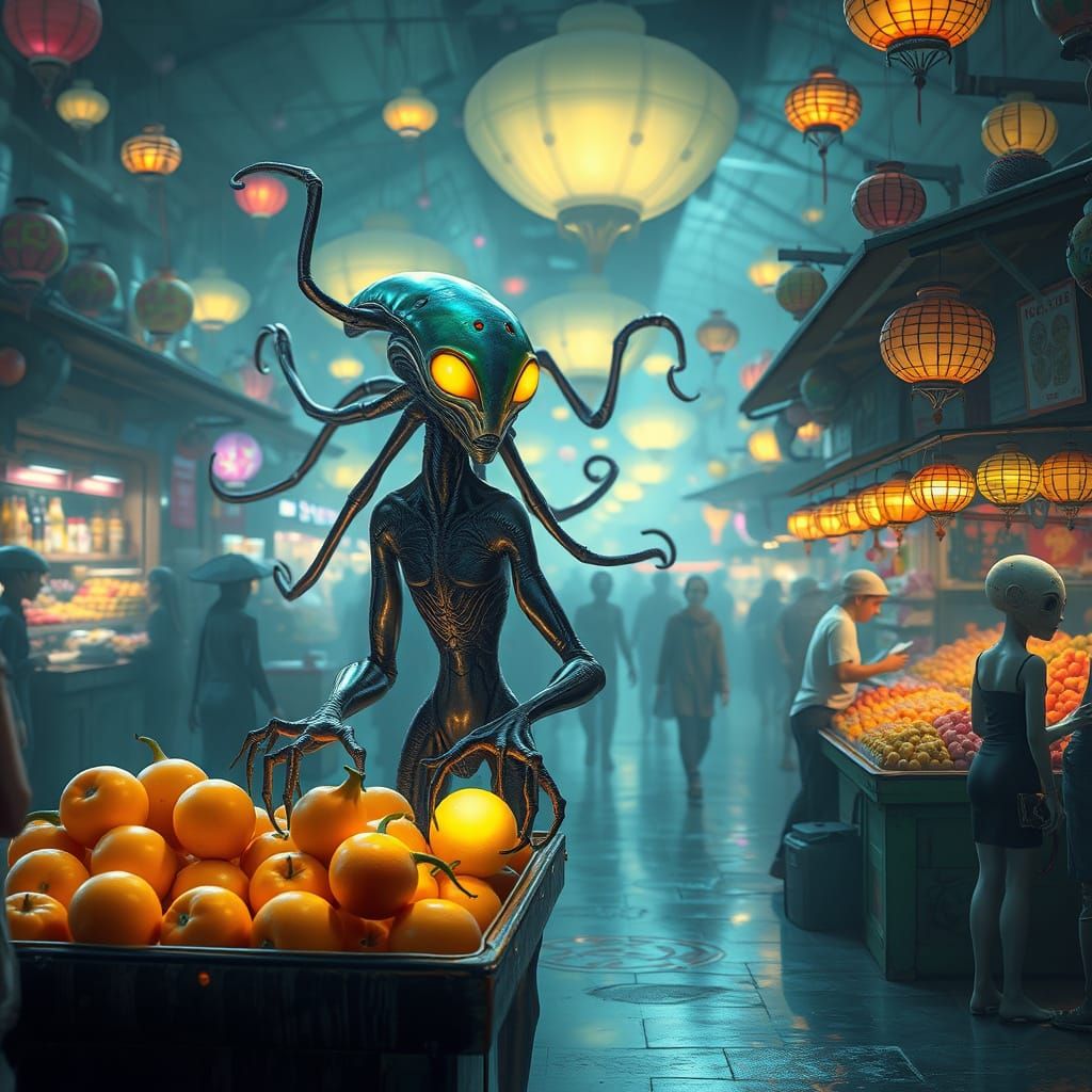 Alien Market with Glowing Fruits in Synthwave Style