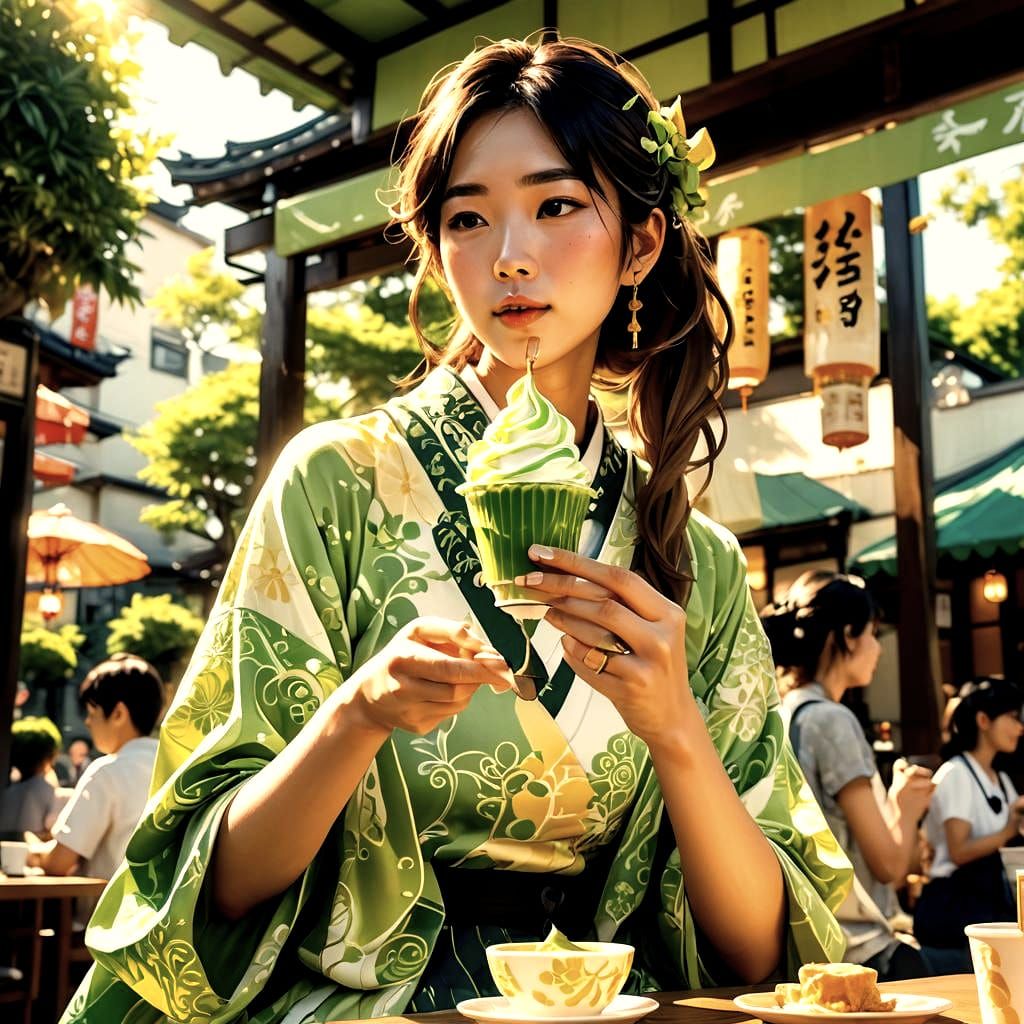 Young Woman with Green Tea Ice Cream, Matte Painting