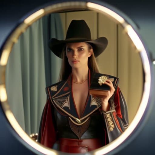Hyperrealistic Cowgirl's Reflection with Elaborate Makeup