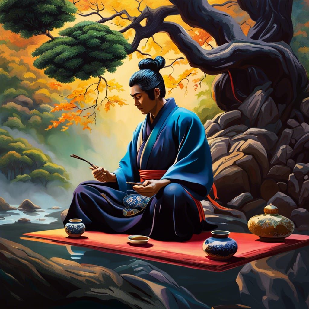 Ninja Meditating During Japanese Tea Ceremony
