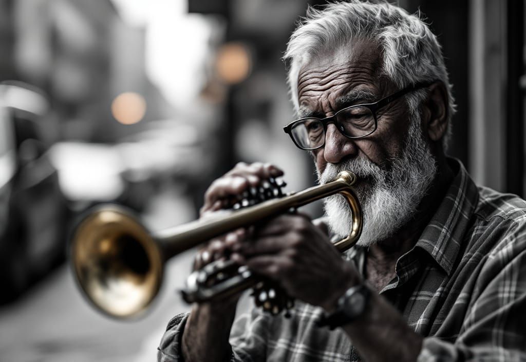 Intense Street Musician Immersed in Trumpet Solo