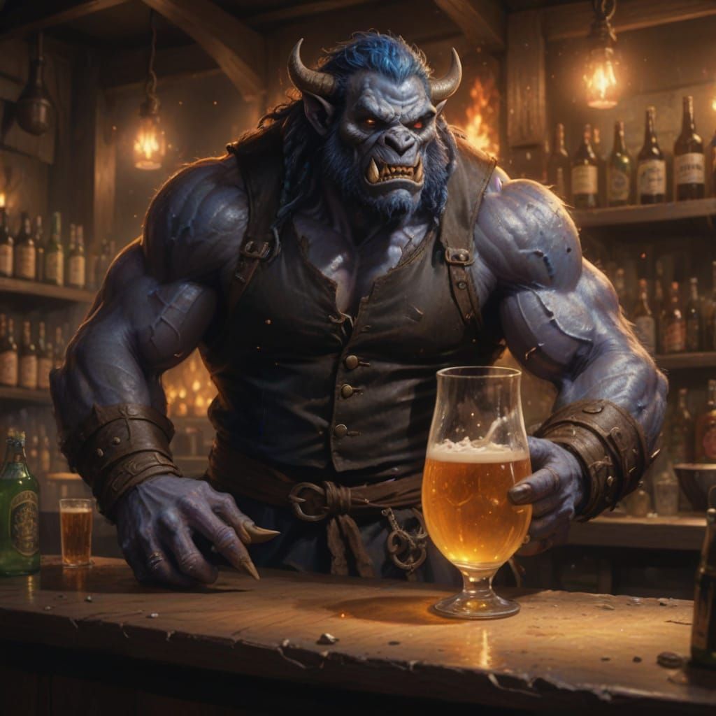 Orc Bartender with Blue Fire and Sparkling Beer