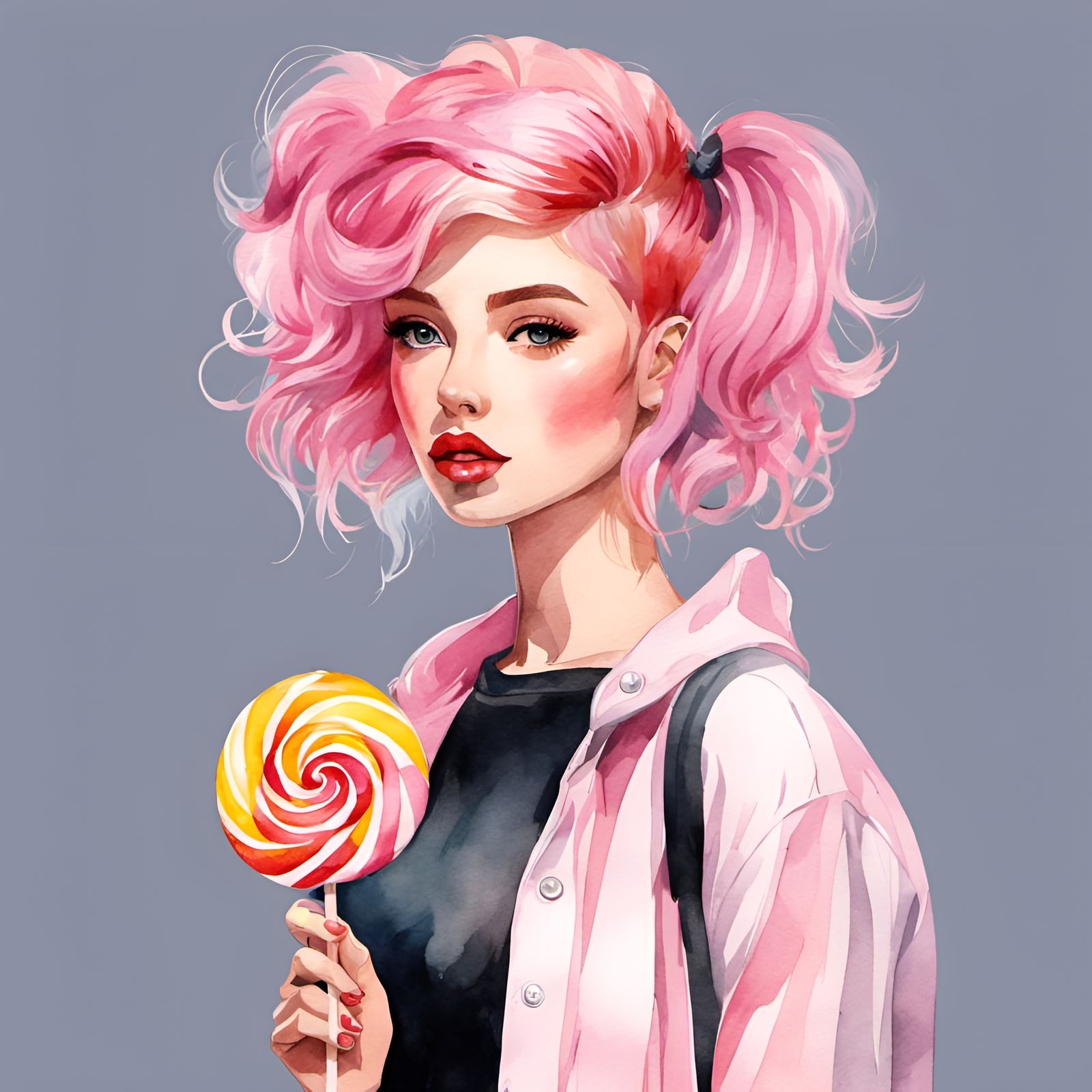 Girl with Lollipop in Watercolor Style