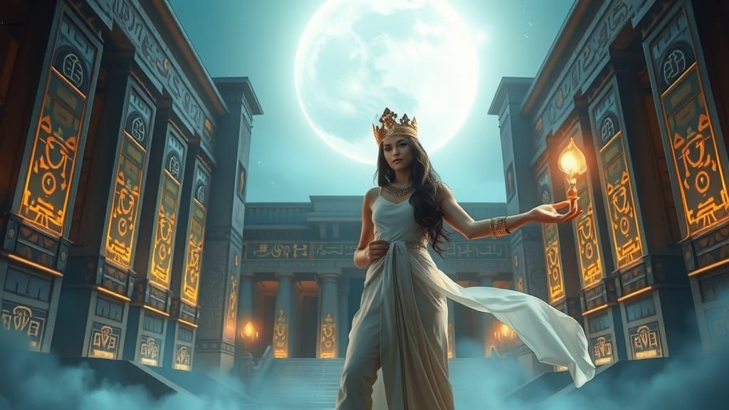 Moonlit Egyptian Temple with Glowing Hieroglyphs