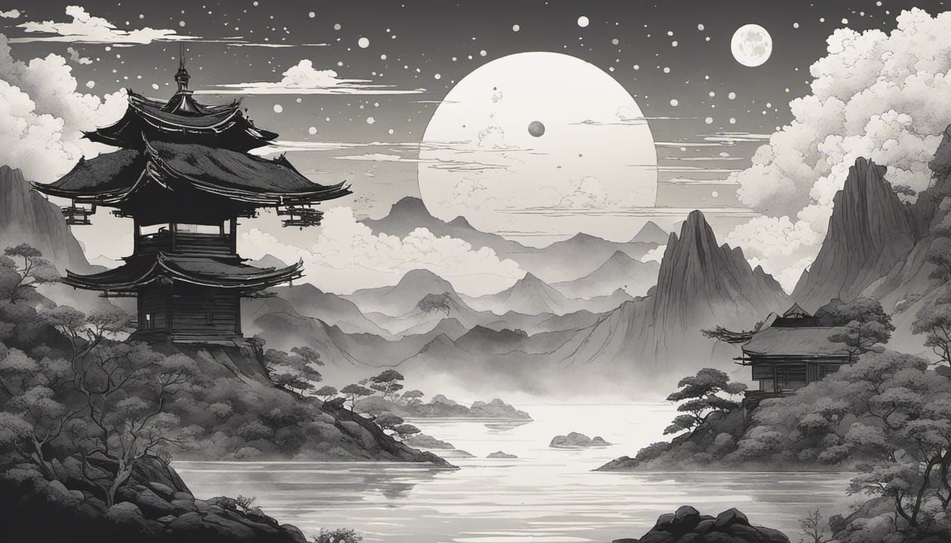 Japanese Warrior Crossing Misty Mountains in Grayscale