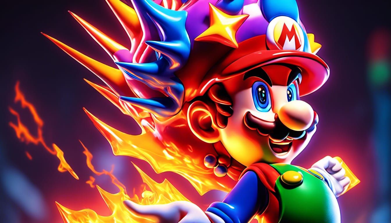 Hyperrealistic Mario Portrait with Neon Accents