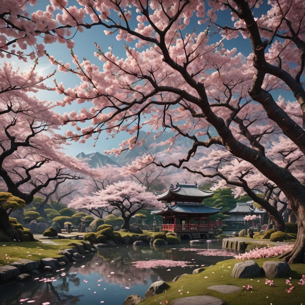 Cherry Blossom Tree in Japanese Garden: Matte Painting
