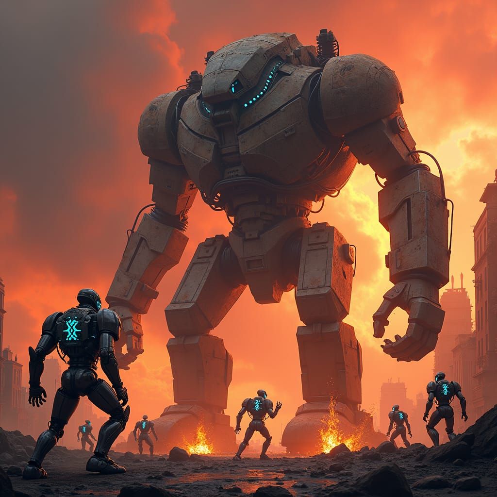 Mechanical Behemoth Battles Robots in Burning City
