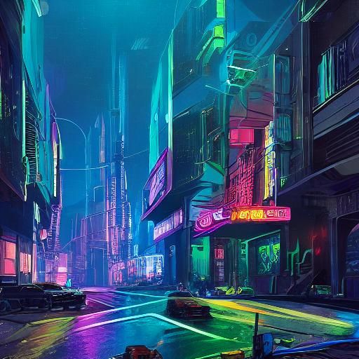 Cyberpunk Cityscape with Neon-Lit Arm Implants