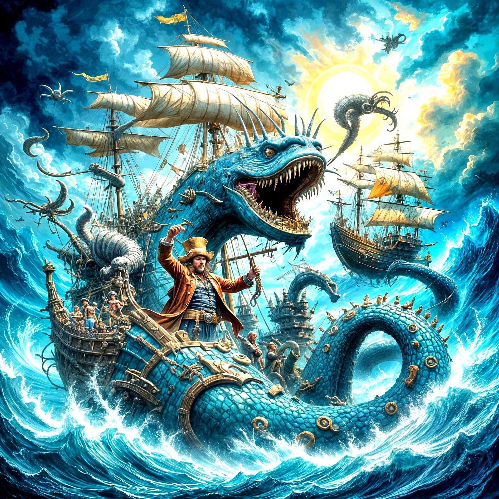 Giant Kraken Toying with Ships in Ocean