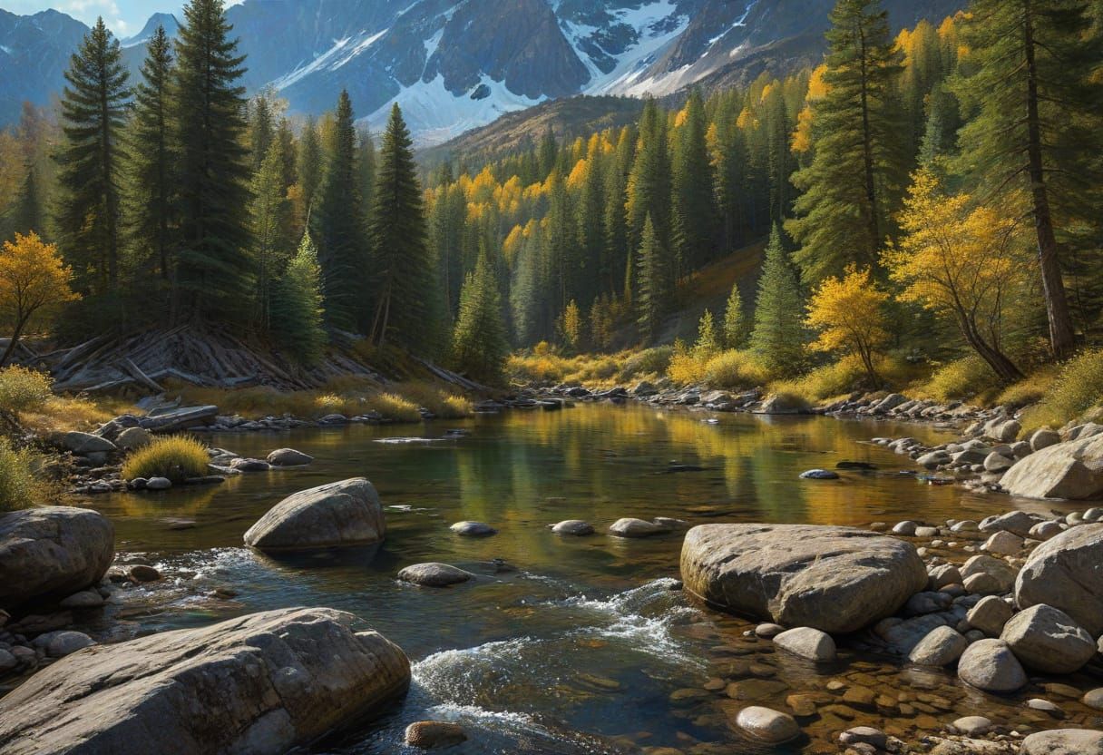 Serene Mountain Stream at Sunset in Vibrant Autumn Colors