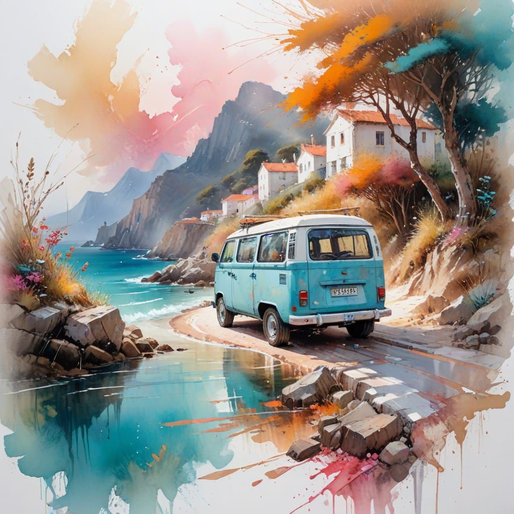 Campervan by Turquoise Sea in Impressionist Oils