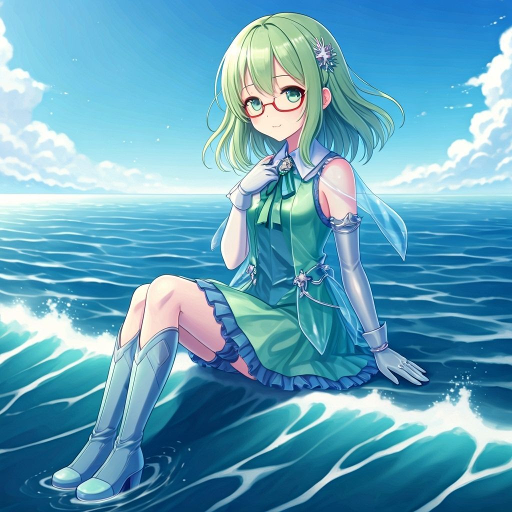 Shy Teen Girl Sitting on Ocean Wave in Detailed Dress