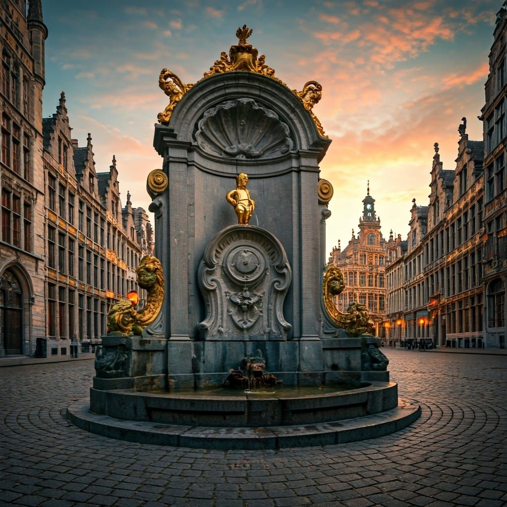 Neo-Baroque Manneken Pis Fountain in Golden Bronze