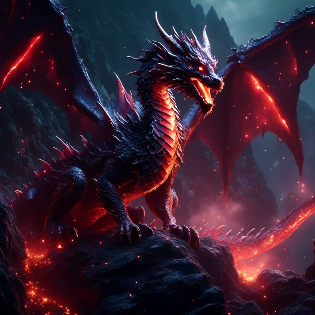 Dragon on Rocky Ledge With Glowing Red Eyes