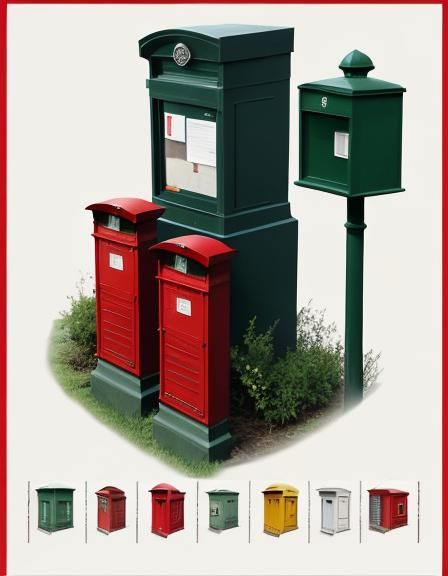 Collage of imaginary old mail boxes and  post boxes