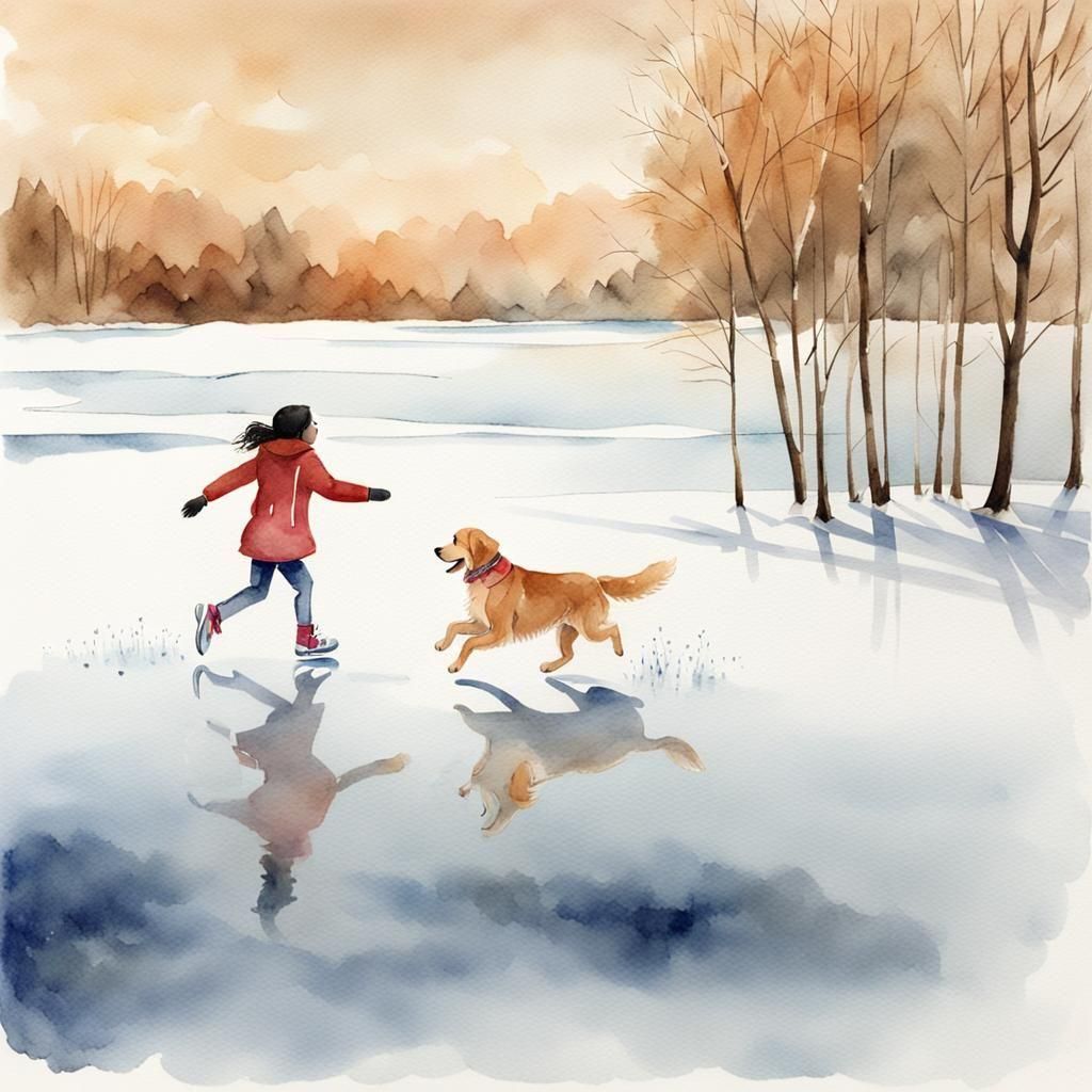 Golden Retriever Puppy Chases Girl on Frozen Lake in Winter....