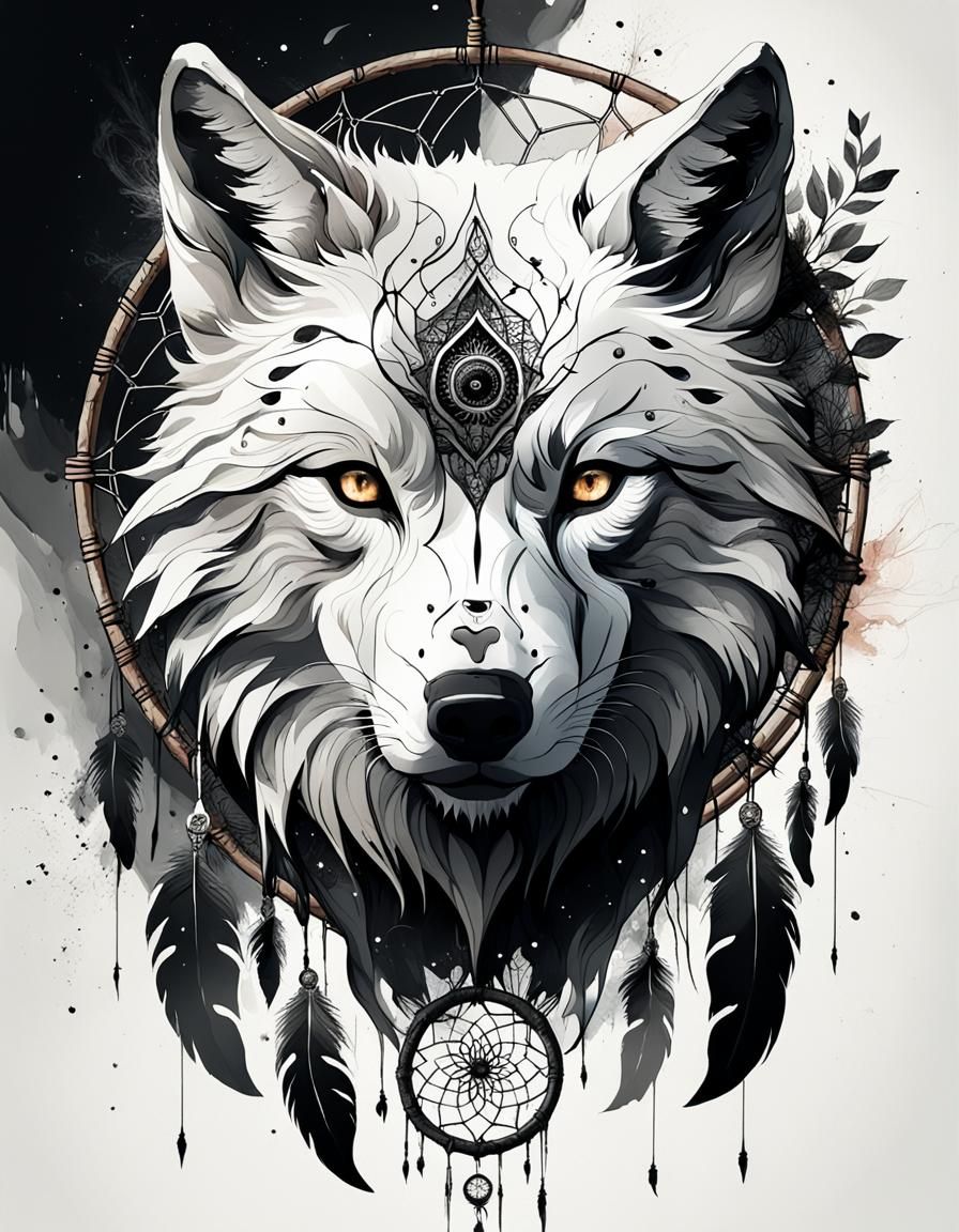 Fractal Wolf Dreamcatcher Ink Art Masterpiece